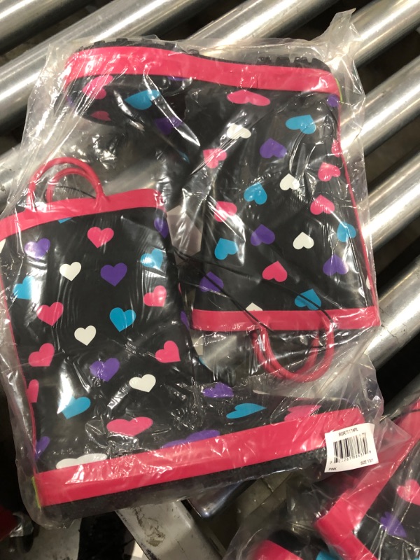 Photo 2 of Rainbow Daze Kids Rain Boots"Rainin' Hearts" Heart Pattern, Waterproof, Rubber, Black Pink, Size 13/1
