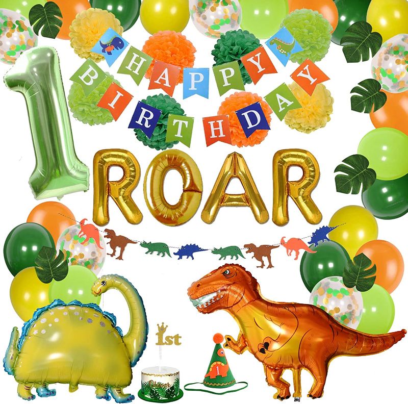 Photo 1 of Dinosaur Party Decorations for Kids, Dinosaur Birthday Party Supplies for Boys, Dinosaur Foil Balloon Set, Birthday Banner Cake Topper Pompoms Latex Confetti Balloon Palm Leaves Gold ROAR Birthday Hat
