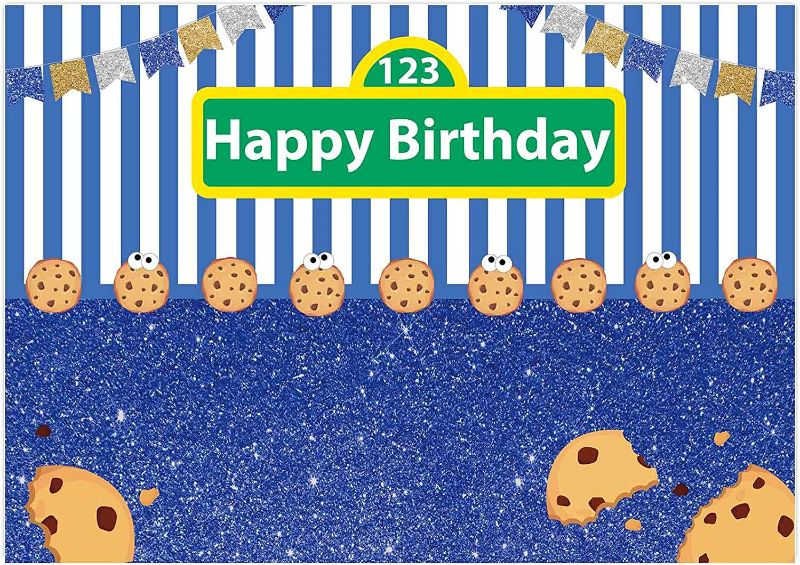 Photo 1 of Allenjoy Cookies Blue White Stripes Backdrop Kids Happy First 1st Birthday Party Decor Gold Silver Flags Carnival Festa Cake Table Banner 7x5ft Photography Background Photo Booth Props
