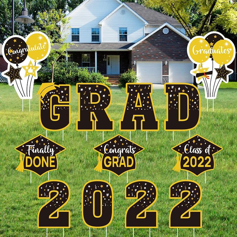 Photo 1 of 2022 Graduation Yard Sign Decorations-13 Pcs Congrats Grad Yard Signs Waterproof Garden Road Signs with Graduation Cap,Balloon Sign and Stakes for Graduation Party Outdoor Lawn Decoration?Black?
