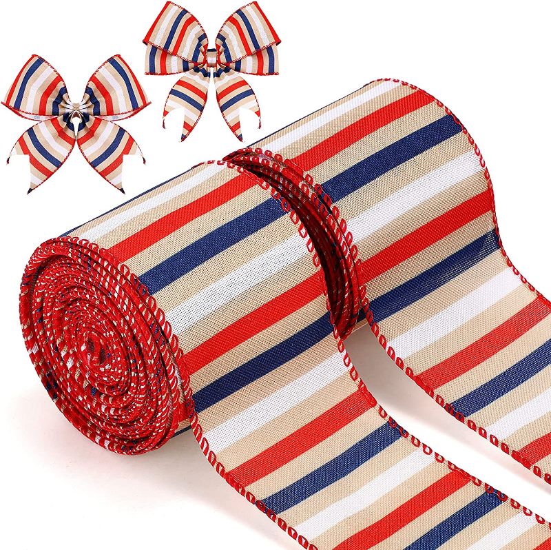 Photo 1 of 2 Rolls 10 Yards Horizontal Stripe Wired Ribbon Burlap Ribbon for Wreath, Bows Decor (White and Red and Blue)
