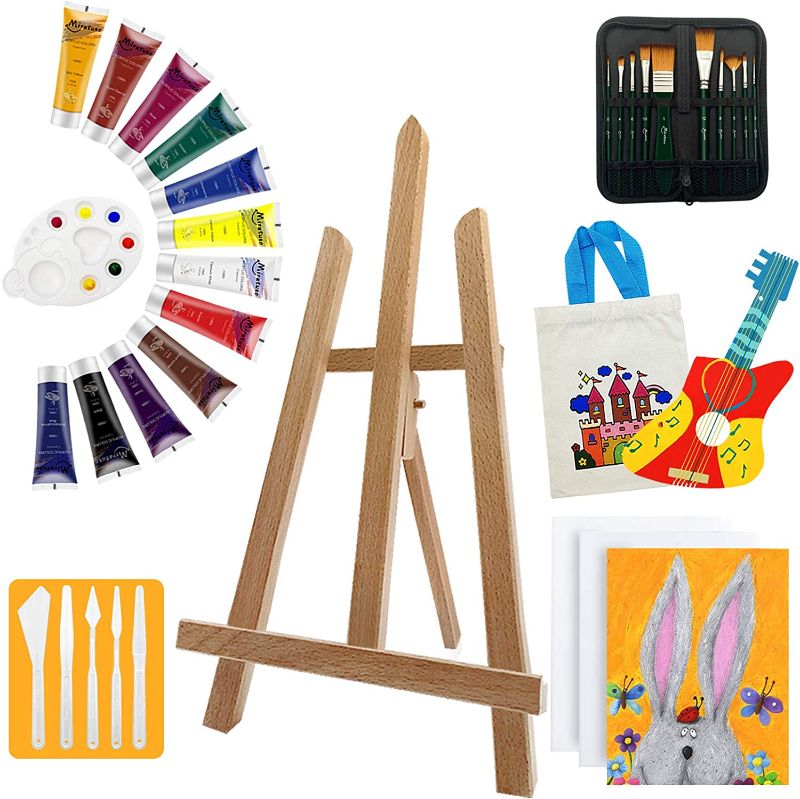 Photo 1 of Acrylic Paint Kit for Kids – 34 Piece Art Supplies Set for Boys & Girls, Include 1 Art Easel, 12 Acrylic Paints, 10 Brushes, 3 Canvas, 1 Paint Palette, 1 Canvas Bag, 1 DIY Guitar, 5 Palette Knives
