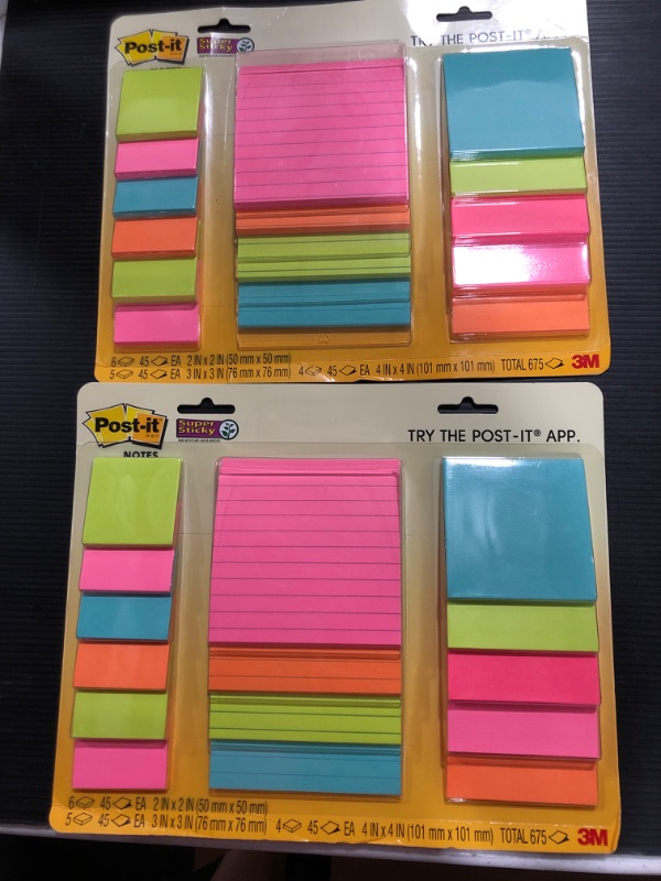 Photo 2 of Pack of 2!! Post-it Super Sticky Notes, Assorted Sizes, 15 Pads, 2x the Sticking Power, Miami Collection, Neon Colors (Orange, Pink, Blue, Green), Recyclable (4423-15SSMIA)
