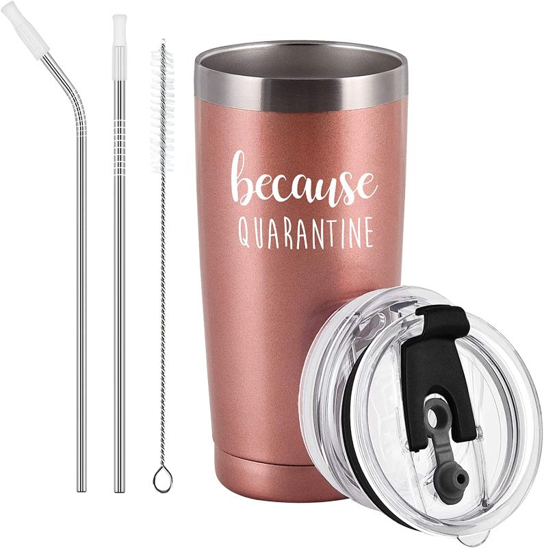 Photo 1 of Because Quarantine Travel Tumbler, Social Distancing Ideas for Women Birthday, Quarantine Birthday Ideas for Women Mom Sister Friends Coworker, 20oz Stainless Steel Tumbler, Rose Gold