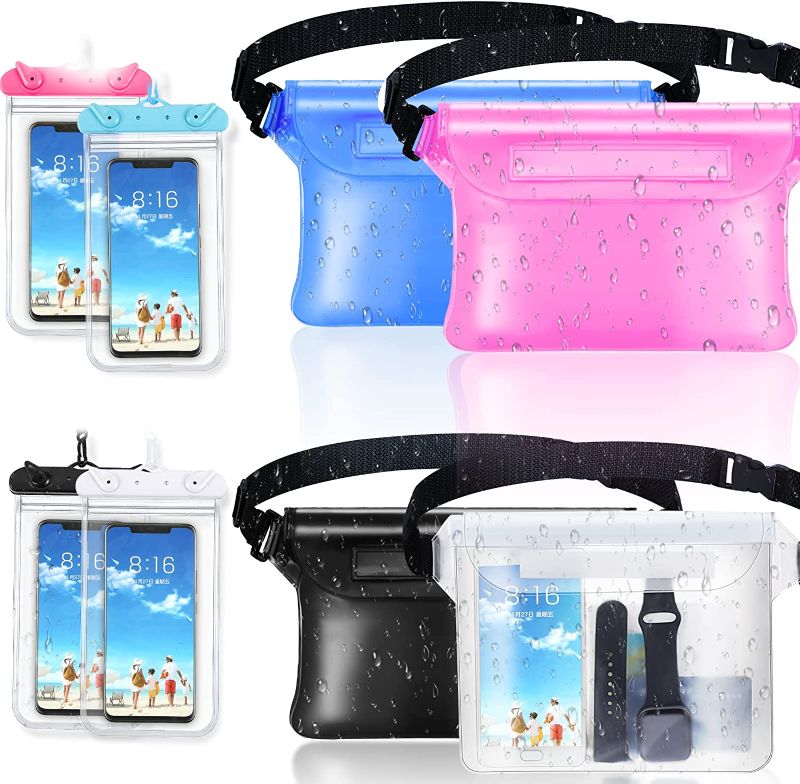 Photo 1 of 4 Pcs Waterproof Phone Pouch Universal Cellphone Case and 4 Pcs Waterproof Fanny Pack Waist Bag Screen Touchable Dry Bag for Swimming Snorkeling Kayaking Boating Fishing, White/Black/Blue/Pink
