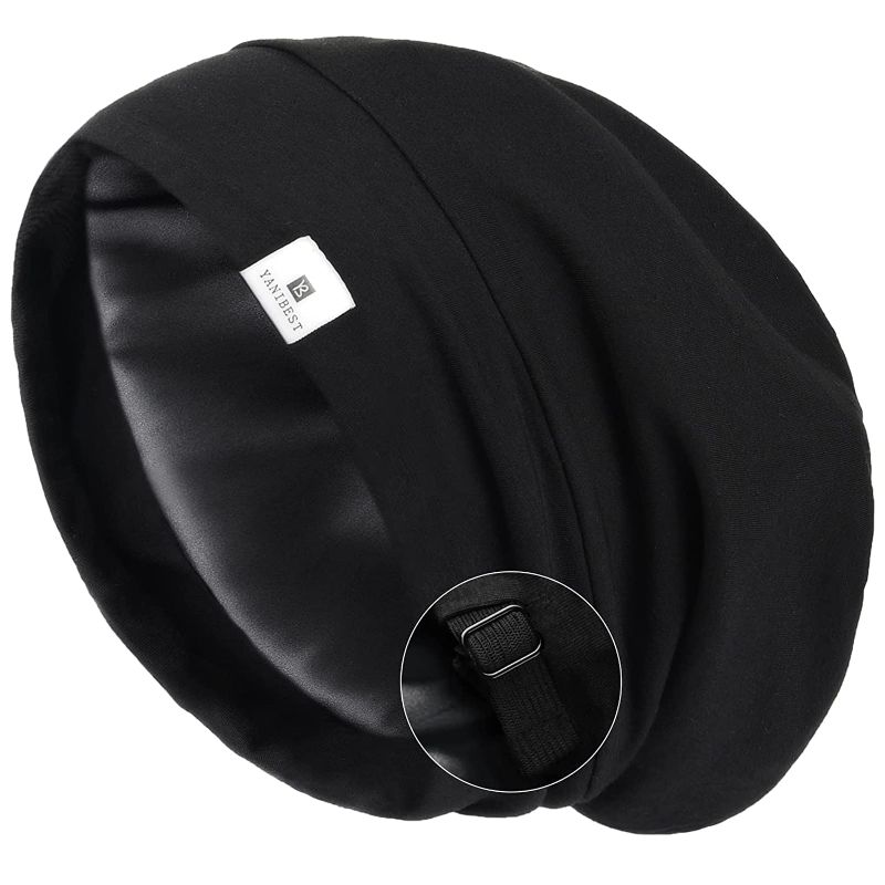 Photo 1 of YANIBEST Silk Satin Bonnet Hair Cover Sleep Cap - Pure Black Adjustable Stay on Silk Lined Slouchy Beanie Hat for Night Sleeping
