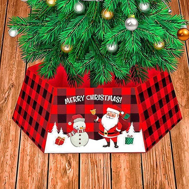 Photo 1 of Christmas Tree Collar Santa and Snowman Decoration Christmas Tree Ring Hexagon Tree Collars for Artificial Trees, Collapsible Christmas Tree Skirt for Christmas tree Decorations, Red & Black Plaid 