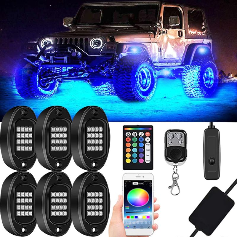 Photo 1 of Benxusee RGB LED Rock Lights 6 Pods 90 LEDs Waterproof Aluminum Multicolor Neon Underglow Lighting Kit with APP Remote Control for Off Road Car Truck SUV ATV UTV Motorcycle Boat
