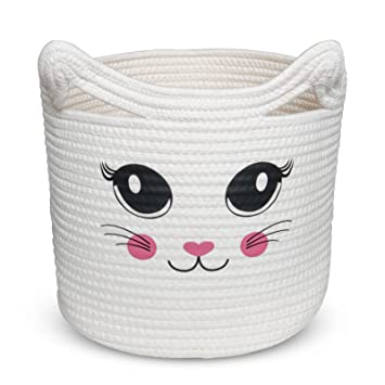 Photo 1 of Bigepige Cat Decorative Baby Toy Storage Basket with Handle, Cotton Rope Blanket Basket for Cat Lovers Gift, Stuffed Animal Storage Bin, Cute Kids Laundry Nursery Hamper Organizer(11 ×11×9.5”)