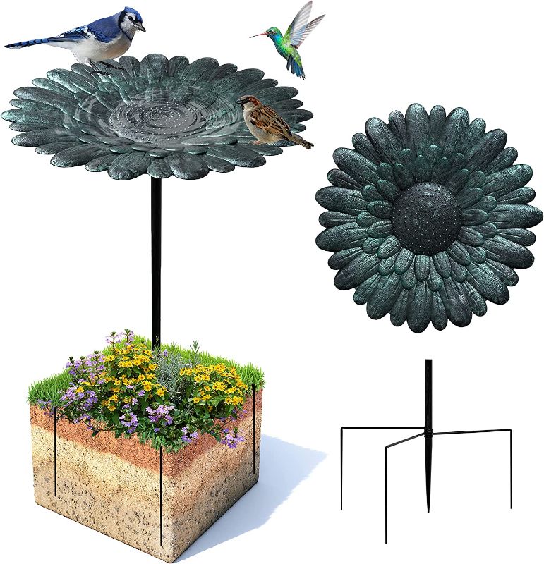 Photo 1 of Bonadecor Metal Bird Bath - Sunflower Bird Bath for Outdoors - Rustproof and Lightweight, with 12in Diameter, 0.9in Deep Bird Bath Bowl, Easy-to-Install 23.4in High Birdbaths for The Garden
