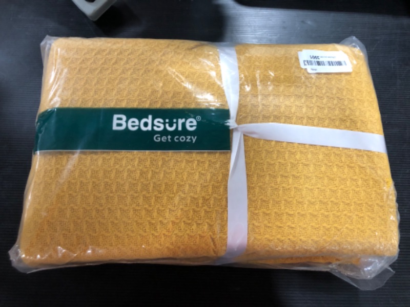 Photo 2 of Bedsure 100% Cotton Blankets Queen Size for Bed - Mustard Yellow 405GSM Waffle Weave Soft Lightweight Thermal Bed Blankets Queen Size