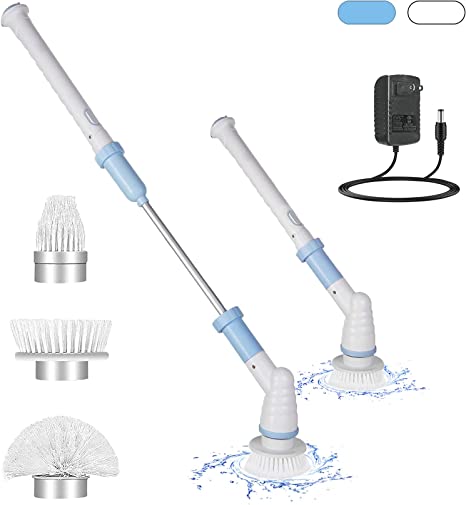 Photo 1 of ZCSYHPY Scrubber Electric Cleaning Brush Spin Brush Electric for Bathroom Shower Tile Tub Cordless Power Adjustable Extension Long Handle Brushes Motorized Scrubbers 3 Replaceable Heads, Blue, White
