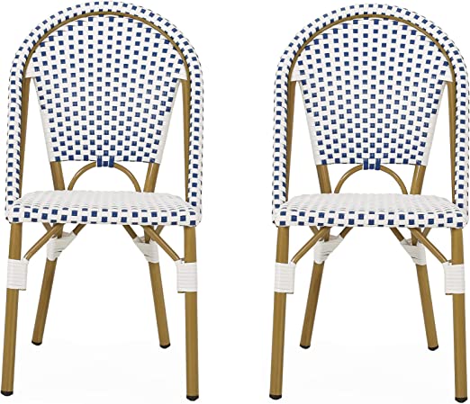 Photo 1 of Christopher Knight Home 313252 Philomena Outdoor French Bistro Chair (Set of 2), Blue + White + Bamboo Print Finish
