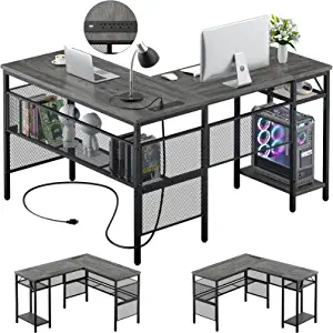 Photo 1 of Unikito L Shaped Computer Desk with USB Charging Port and Power Outlet, Reversible L-Shaped Corner Desk with Storage Shelves, Industrial 2 Person Long Gaming Table Modern Home Office Desk, Black Oak
