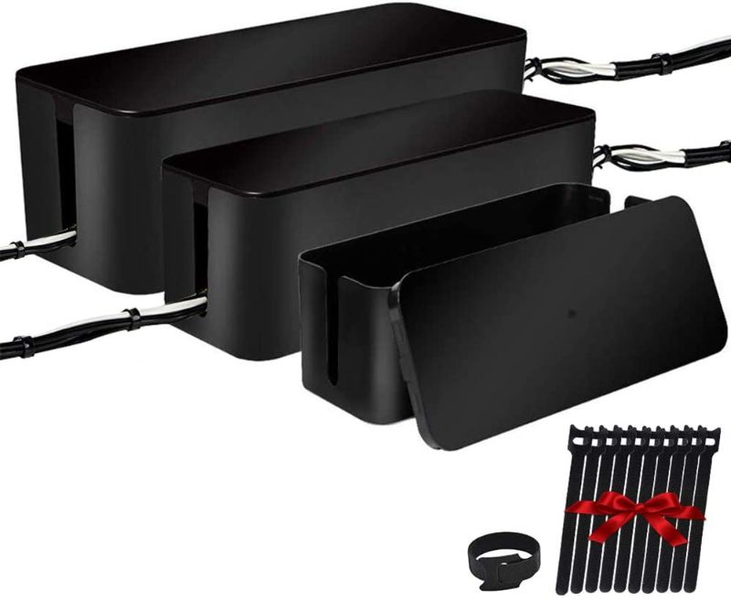 Photo 1 of [Set of Three] Cable Management Boxes Organizer, Large Storage Wires Keeper Holder for Desk, TV, Computer, USB Hub, System to Cover and Hide & Power Strips & Cords (Black)
