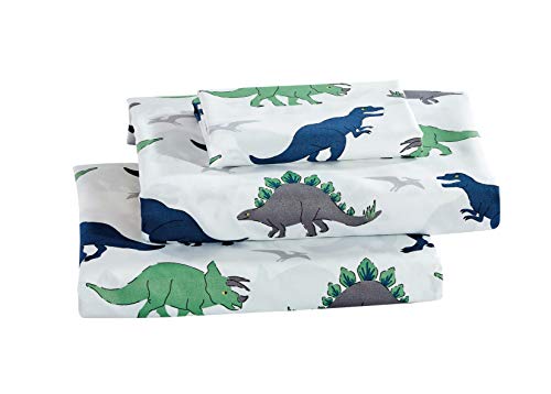 Photo 1 of AZORE LINEN Kid’s Bed Sheet Set - Brushed Super Soft Easy Care Microfiber Dinosaurs White Blue Green Children’s Bed Sheet Set - T-Rex Green (Twin)
