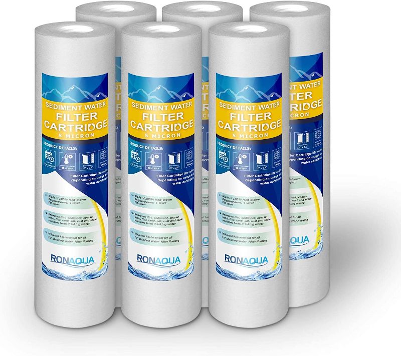 Photo 1 of 5 Micron Sediment Water Filter Cartridge 10"x 2.5", Four Layers of Filtration, Removes Sand, Dirt, Silt, Rust, Made from Polypropylene for any RO Units or Whole House Water Filtration Systems 6 Pack
