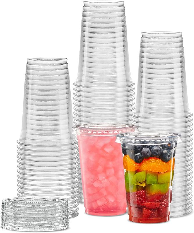 Photo 2 of (100 Sets 10 Ounce) Crystal Clear PET Cups With Flat lids for Iced Coffee, Milkshake, Cold Drinks, Slush Cups, Smoothy's, Slurpee, Ice cream, Dessert, Party's, Plastic Disposable Cups
