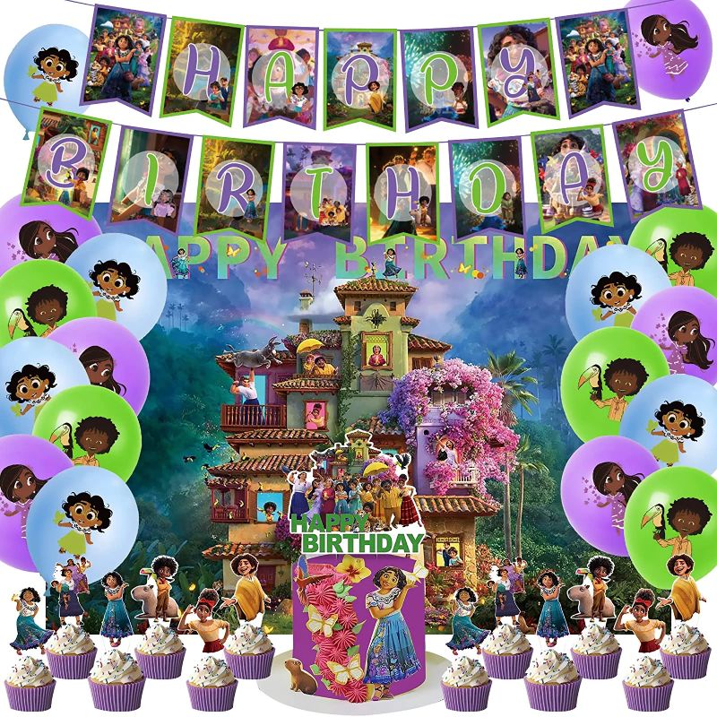 Photo 1 of Encanto Birthday Party Supplies Party Decorations, 45PC Encanto Party Supplies Include 1 Photography Backdrop 18 Party Balloons 1 Happy Birthday Banner 1 Birthday Cake Topper 24 Cupcake Topper SET OF 2