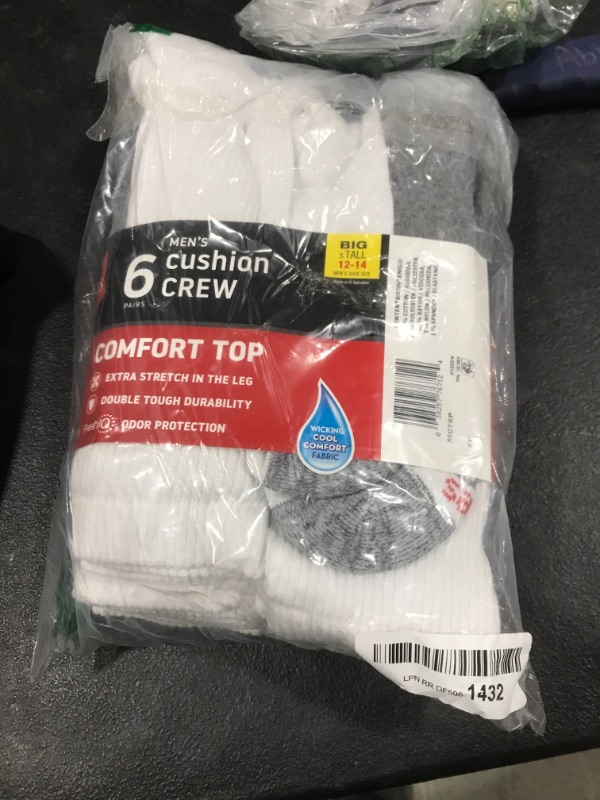 Photo 2 of 12-14 Hanes Men's Max Cushion Crew Socks, Available in 6 and 12-Pair Pack 3 White/Grey Foot Bottom 12-14