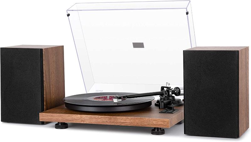 Photo 1 of  Vinyl Record Player with 36 Watt Bookshelf Speakers
(UNABLE TO TEST FUNCTIONALITY MISSING POWER CORD)