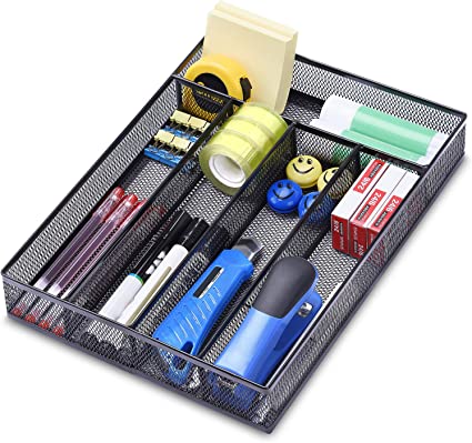 Photo 1 of Office Desk Drawer Organizer, 5 Compartments Mesh Drawer Organizer Tray for Storage Art Supplies, Stationery, Black
