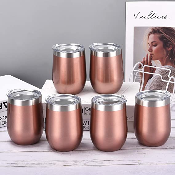 Photo 1 of 6 Pack 12Oz Stainless Steel Stemless Wine Tumbler Wine Glasses Set with Lid Set of 6 for Coffee Wine for Men Women or Family Party Use (Rose Gold)
