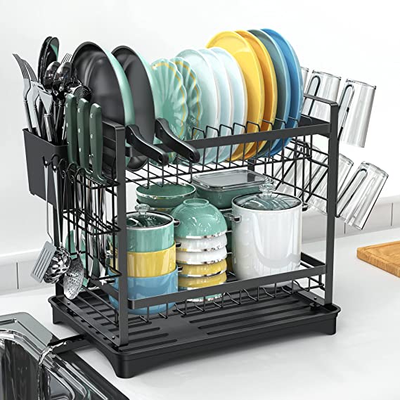 Photo 1 of Dish Drying Rack, 2-Tier Dish Rack with Drainboard Cutlery Holder Cup Holder, Rustproof Dish Drainer for Kitchen Counter
