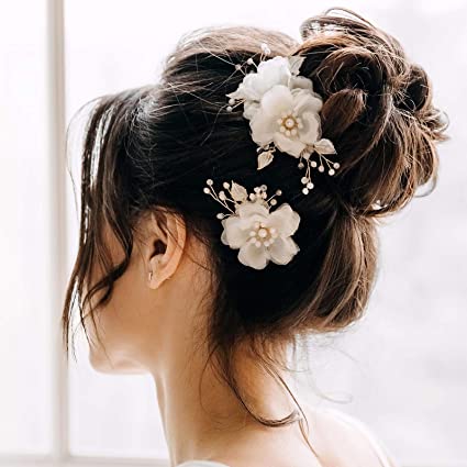 Photo 1 of AW BRIDAL Bridal Hair Clips 2 Pcs Flower Wedding Hair Comb Pins Wedding Hair Accessories for Bride (Gold)
