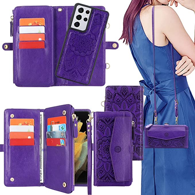 Photo 1 of Harryshell [12 Card Slots] [Block Theft Card Scanning], Detachable Magnet Wallet Case Cover Cash Bill Zipper Pocket Crossbody Lanyard Strap for Samsung Galaxy S21 Ultra 5G 6.8 Inch (Floral Purple)
