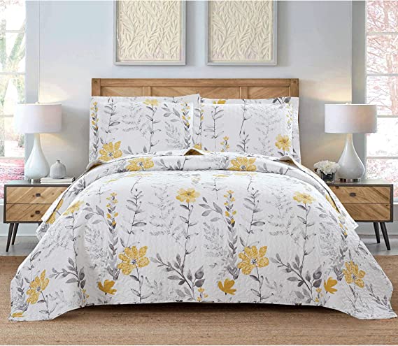 Photo 1 of 3 Pcs King Size Flower Bedding Quilt Set Lightweight Summer Bedspread Floral Daybed Cover Yellow White Plant Vintage Garden Coverlet Blanket,106x96 with 2 King Pillow Shams
-