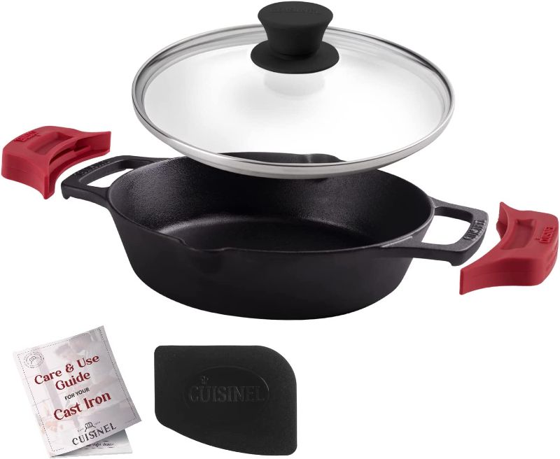 Photo 1 of Cast Iron Skillet with Glass Lid - 8"-Inch Dual Handle Frying Pan + Pan Scraper + Silicone Handle Holder Covers - Pre-Seasoned Oven, Grill, Stovetop, Fire, Induction Safe Cookware - Indoor/Outdoor Use
