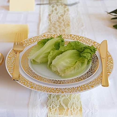 Photo 1 of 150 Piece Gold Dinnerware Set, Elegant Lace Disposable Plastic Plate Include:25 Dinner Plates, 25 Dessert Plates, 25 Forks, 25 Knives, 25 Spoons, 25 Cup, Ideal for Halloween, Thanksgiving, Christmas
