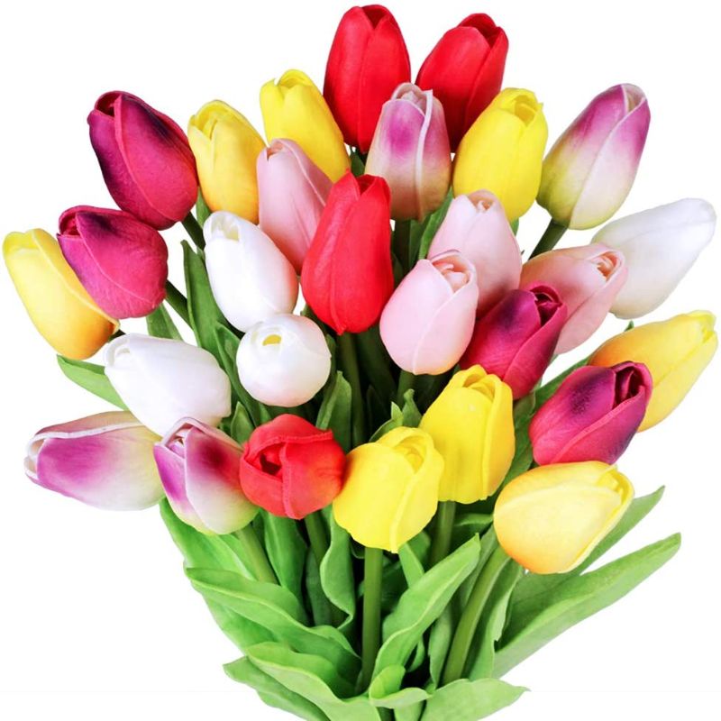 Photo 1 of 28 Pcs Multicolor Tulips Artificial Flowers Faux Tulip Stems Real Feel PU Tulips 14" Tall
