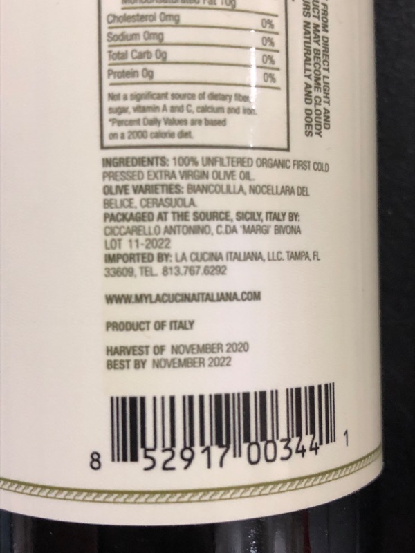 Photo 4 of (6 PACK) La Cucina Italiana Bivona Sicilian Organic Extra Virgin Olive Oil, 8.45 Ounce 
(BEST BY 11/2022)