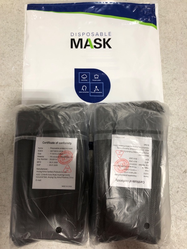 Photo 3 of LOT OF 17 BAGS OF DISPOSABLE FACE MASKS, 100 PCS. BLACK. 