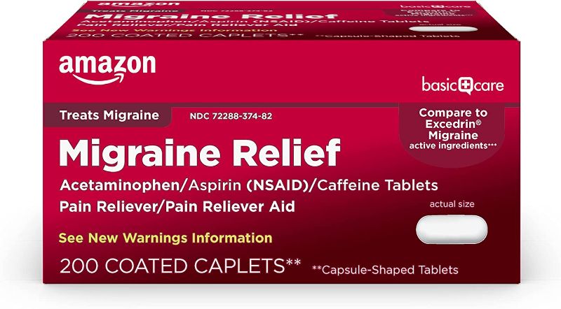 Photo 1 of Amazon Basic Care Migraine Relief, Acetaminophen, Aspirin (NSAID) and Caffeine Tablets, 200 Count 9best by 3/2023)
