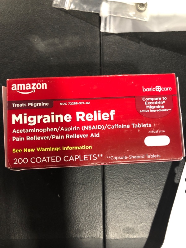 Photo 1 of Amazon Basic Care Migraine Relief, Acetaminophen, Aspirin (NSAID) and Caffeine Tablets, 200 Count 9best by 3/2023)
