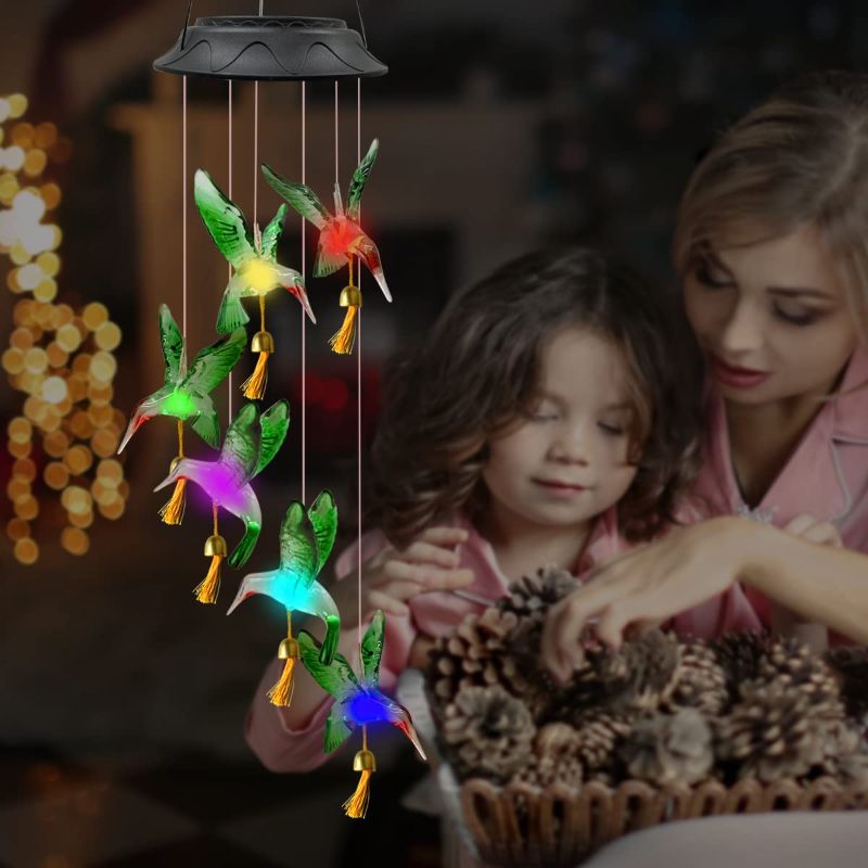 Photo 1 of 2 Pack Hummingbird Solar Wind Chimes Hanging Solar Light Wind Chime with Bells for Outside Decoration Gift for Mom Women Wife Kids
