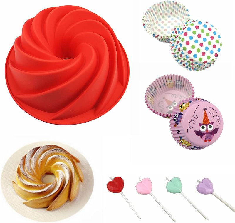 Photo 1 of Arestle 9in Silicone Baking Pans, Fluted Bundt Cake Molds and 200pcs Paper Muffin Cupcake Liners, Heart Candles (Red, 9 inch)
