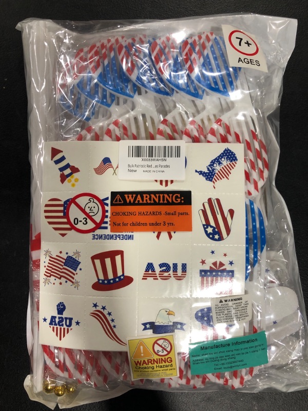 Photo 2 of Bulk Patriotic Red White Blue Toy Assortments Patriotic Shutter Glasses Folding Hand Fans Temporary Tattoos Beaded Necklaces Pinwheels Gliders for 4th of July Party Favor Supplies Parades Giveaways
