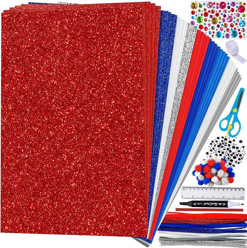 Photo 1 of Bulk Patriotic Red White Blue Craft Supplies Assortment EVA Foam Sheets Glitter Craft Foam Sheets Pipe Cleaner Glitter Tinsel Pom-Poms Black Googly Eyes for Kids 4th of July Memorial Day Activities
