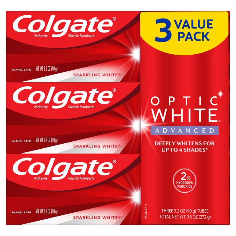 Photo 1 of Colgate Optic White Advanced Teeth Whitening Toothpaste with Fluoride, 2% Hydrogen Peroxide, Sparkling White -3.2 Ounce (Pack of 3)

