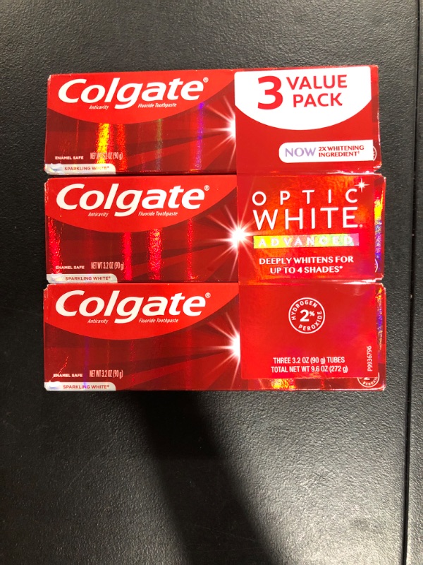 Photo 2 of Colgate Optic White Advanced Teeth Whitening Toothpaste with Fluoride, 2% Hydrogen Peroxide, Sparkling White -3.2 Ounce (Pack of 3)
