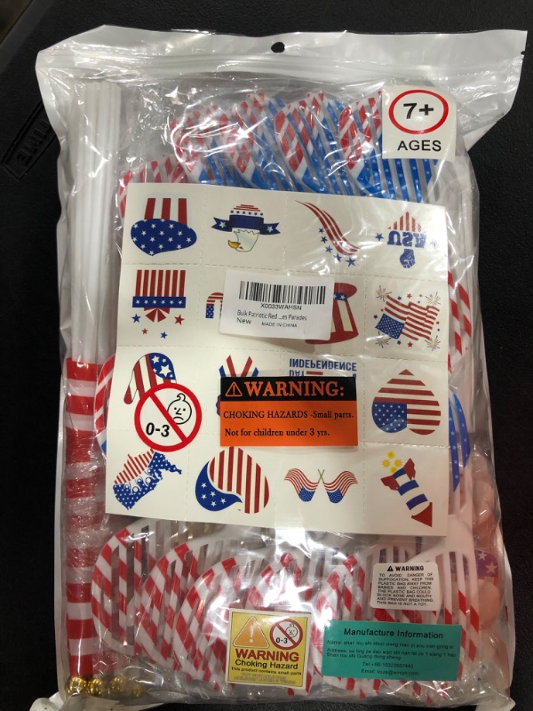 Photo 2 of Bulk Patriotic Red White Blue Toy Assortments Patriotic Shutter Glasses Folding Hand Fans Temporary Tattoos Beaded Necklaces Pinwheels Gliders for 4th of July Party Favor Supplies Parades Giveaways
