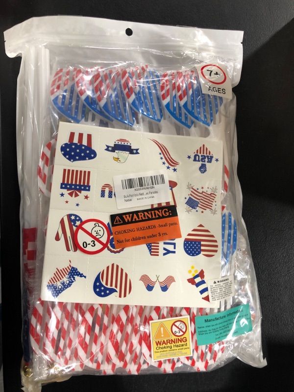 Photo 2 of Bulk Patriotic Red White Blue Toy Assortments Patriotic Shutter Glasses Folding Hand Fans Temporary Tattoos Beaded Necklaces Pinwheels Gliders for 4th of July Party Favor Supplies Parades Giveaways
