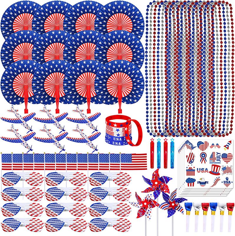 Photo 1 of Bulk Patriotic Red White Blue Toy Assortments Patriotic Shutter Glasses Folding Hand Fans Temporary Tattoos Beaded Necklaces Pinwheels Gliders for 4th of July Party Favor Supplies Parades Giveaways
