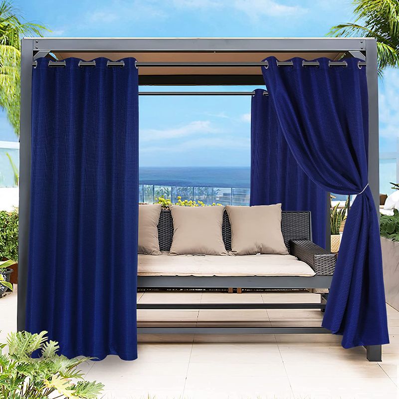 Photo 1 of (1 piece ) BONZER Waterproof Indoor/Outdoor Curtains for Patio - Grommet Privacy Light Filtering Waffle Textured Curtains for Bedroom, Living Room, Porch, Hot Tub, Gazabo, 52 x 84 inch, Navy, 1 Panel
