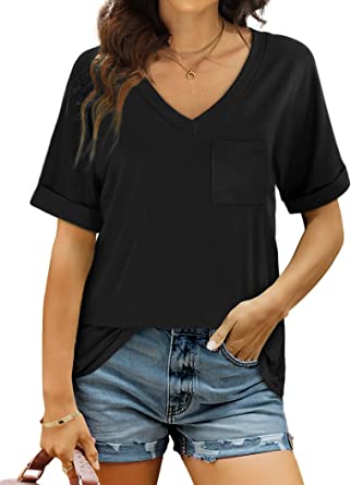 Photo 1 of  Bofell Womens V Neck Rolled Short Sleeve T Shirts Casual Summer Tops Tshirts with Pocket Size-2xl