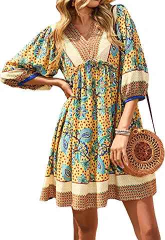 Photo 1 of BTFBM Women Casual Fall Summer Dresses V Neck 3/4 Long Sleeve Ruffle Floral Flowy Boho Babydoll Mini Short Beach Dress SIZE XL 